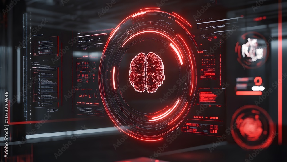 Poster futuristic holographic interface displaying cybersecurity data, with a red and black color theme.