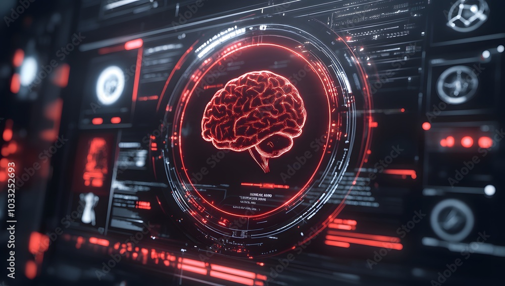 Aufkleber futuristic holographic interface displaying cybersecurity data, with a red and black color theme.