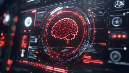 Futuristic holographic interface displaying cybersecurity data, with a red and black color theme. 