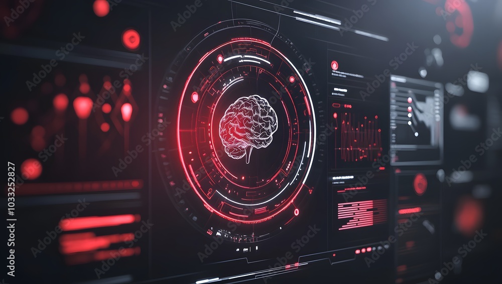 Poster futuristic holographic interface displaying cybersecurity data, with a red and black color theme.