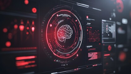 Futuristic holographic interface displaying cybersecurity data, with a red and black color theme. 