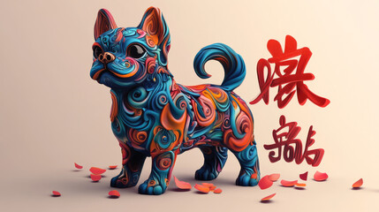 A colorful, digital dog with Chinese design elements represents the Chinese zodiac sign of the dog. The Chinese word beside it means "dog" in the zodiac.