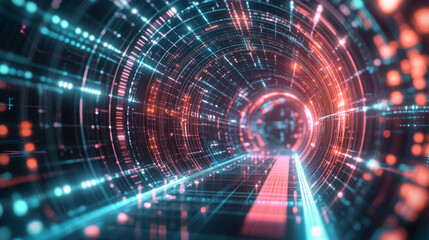 A glowing, circular tunnel in a futuristic setting, representing a digital gateway. It's a cool, abstract image of technology.low poly digital wireframe.