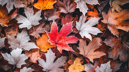 Crisp autumn air with frost covered maple leaves scattered on ground, showcasing vibrant colors of red, orange, and white. beautiful seasonal display
