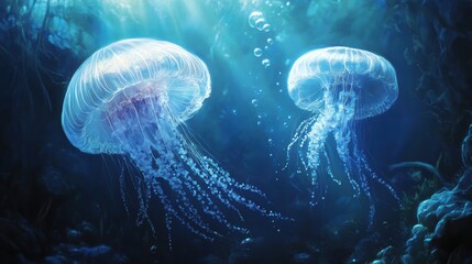 Two jellyfish floating in blue water.