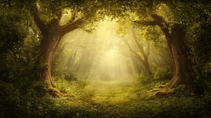 Obraz premium Sunlight streams through trees in a forest.