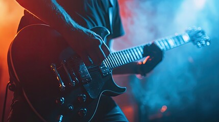 Obraz premium A Close-Up of a Musician Playing an Electric Guitar on Stage