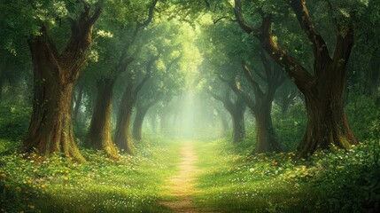 Obraz premium Sunlit path through a misty forest.