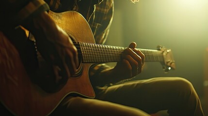 Fototapeta premium Close-up of a Man's Hands Playing an Acoustic Guitar