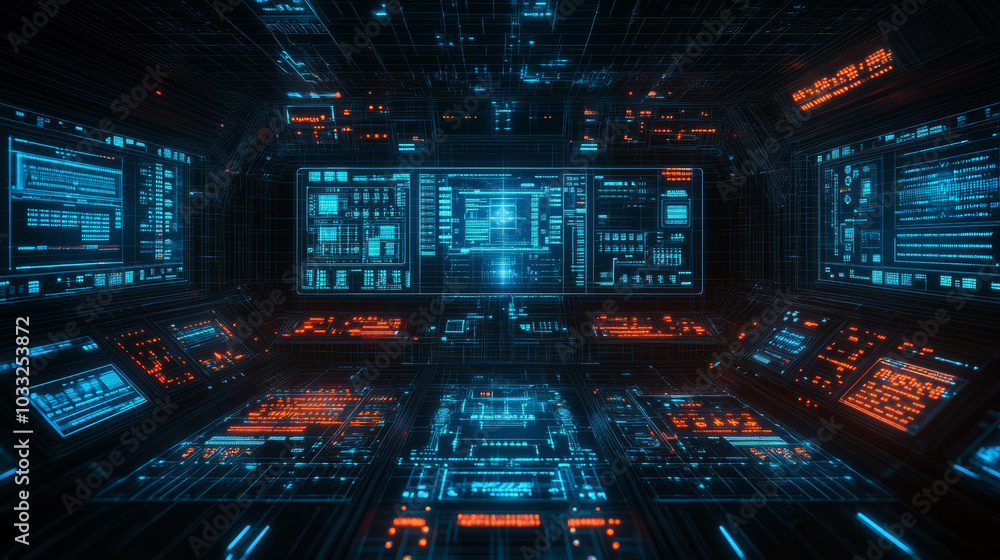 Poster a picture of a spaceship's control panel, showing how it uses computers and digital screens.low poly