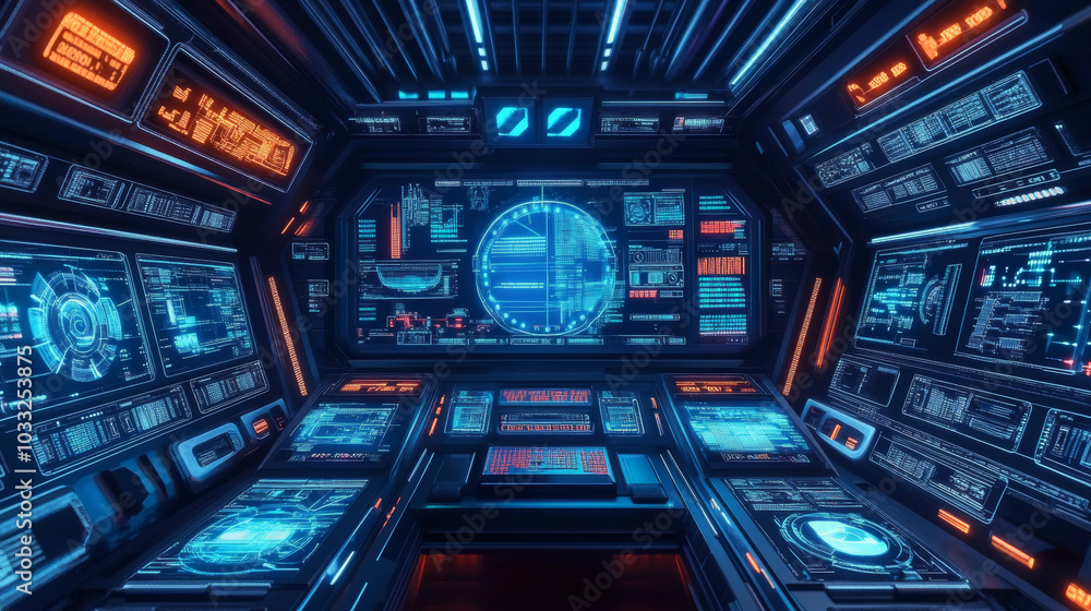 Poster a picture of a spaceship's control panel, showing how it uses computers and digital screens.low poly
