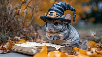 Chinchilla in a Wizard Hat on an Open Spellbook