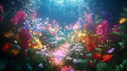 Naklejka premium Parallel reality viewer, possibility garden, choice flowers, dimensional light