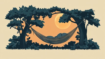 Fototapeta premium A Hammock Hung Between Two Trees With a Person Resting Inside, Against a Background of a Large Orange Circle and Greenery