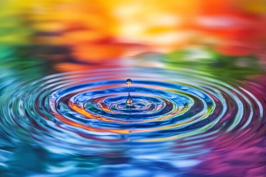 A single water droplet creates ripples in a pool of water with a vibrant rainbow colored background.