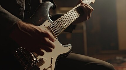 Fototapeta premium Close-up of a Musician's Hand Playing an Electric Guitar