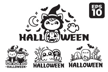Cute ghost Halloween Drawing logo Vectors 