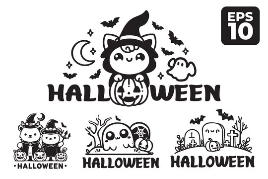 Cute ghost Halloween Drawing logo Vectors 