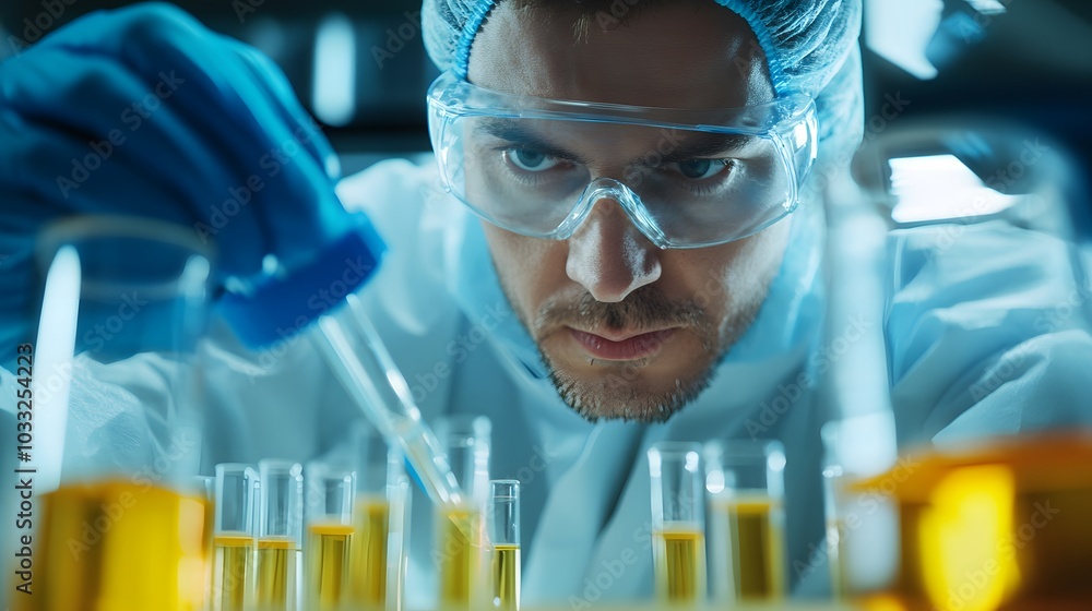 Poster a chemist in a lab coat and gloves using a pipette