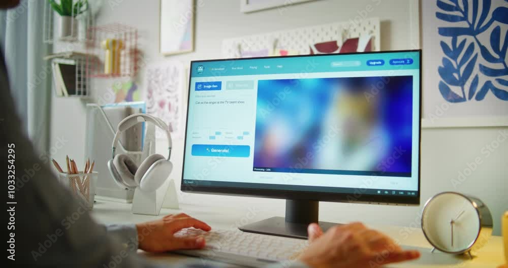 Fototapete man types prompt in ai image generator on computer. pc screen shows artificial intelligence generati