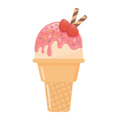 Strawberry ice cream cone with wafer rolls vector illustration. Fresh fruit and sweet dessert.