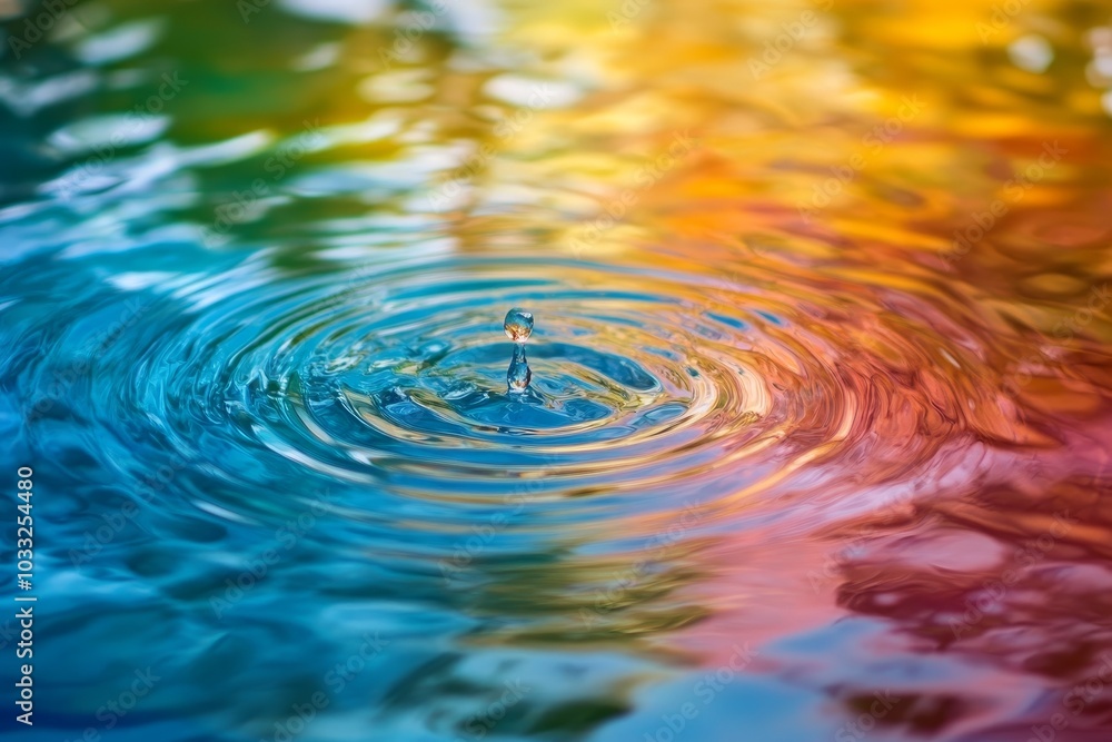 Poster a single water drop creates concentric ripples on a surface with an abstract rainbow reflection.