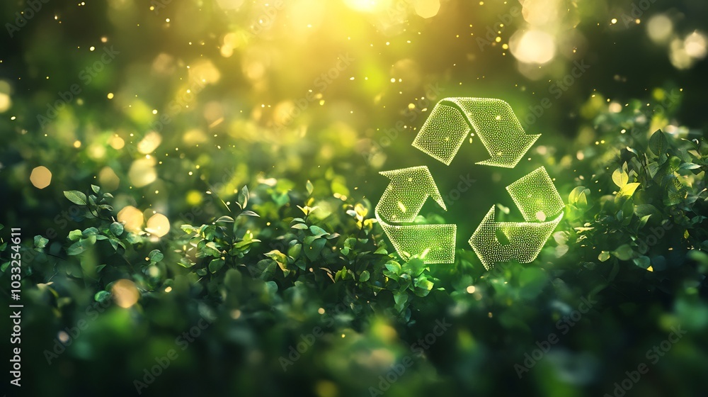 Poster green recycle symbol glowing brightly against a soft green bokeh background representing environment
