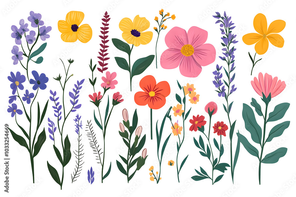 Canvas Prints a set of fun flower and nature design elements. flat hand drawn vector collection