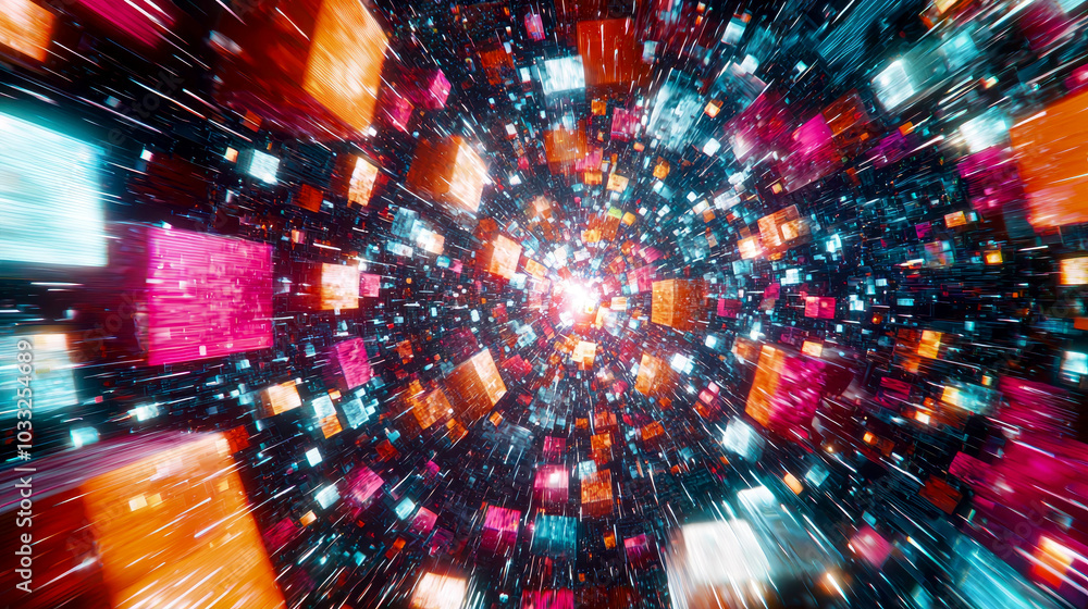 Poster a vibrant, abstract representation of dynamic cubes in a cosmic space.