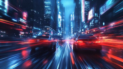 Obraz premium Cars driving through a neon-lit city at night.
