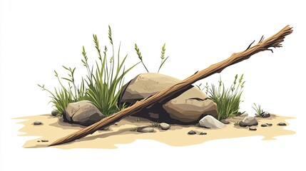A Branch, Rocks, and Grass in a Sandy Area