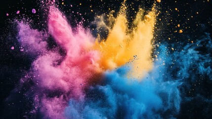 A vibrant explosion of pink, blue, and yellow powder against a black background. (1)