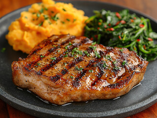Grilled pork chop with crispy edges, served with a side of buttery mashed sweet potatoes and sautéed spinach, on a large round stone plate, with a wooden table and soft evening light.