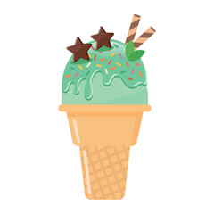 Mint chocolate ice cream cone with wafer rolls vector illustration. Sweet dessert.