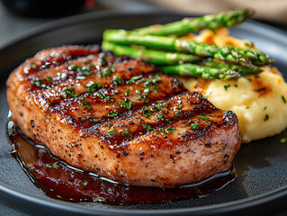 Herb-crusted pork steak with garlic mashed potatoes and steamed asparagus, presented on a sleek black plate with a drizzle of red wine reduction, in a fine dining setting.