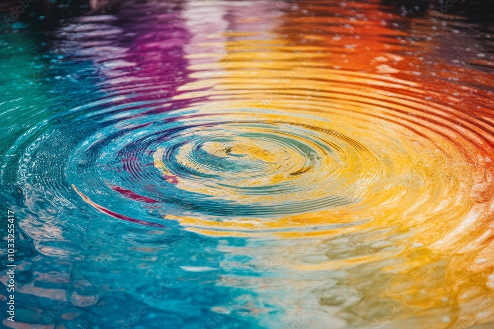 Poster a colorful ripple effect in water, creating a rainbow pattern.