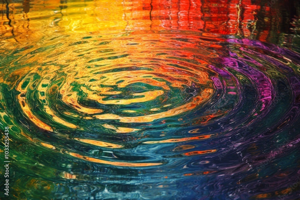 Poster vibrant rainbow ripples in a still pond with a circular pattern created by a falling object.