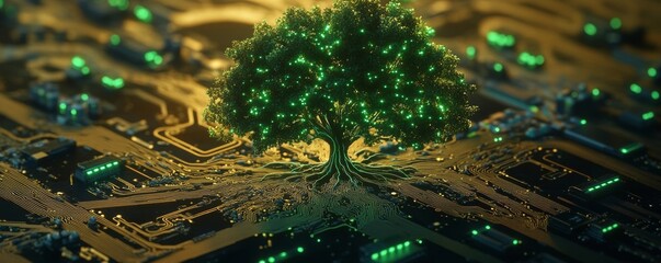 Tree growing from circuit board, digital nature concept