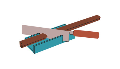 Vector illustration of tools for framing paintings. Working device for precise cutting of slats at the desired angle, frame assembly. Wood baguette. Vector illustration in flat style