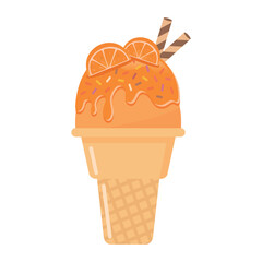 Tangerine ice cream cone with wafer rolls vector illustration. Fresh fruit and sweet dessert.