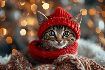 Cozy Winter Night: Cats and Dogs in Scarves Under Neon Christmas Lights