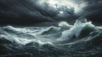 Fototapeta premium Dark, stormy sea with crashing waves under a cloudy sky.
