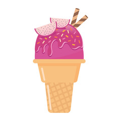 Dragon fruit ice cream cone with wafer rolls vector illustration. Fresh fruit and sweet dessert.