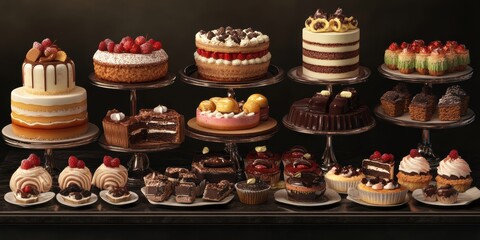Assortment of cakes and pastries on display.