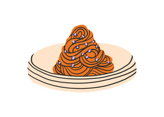 Italian tomato pasta in a flat style. Spaghetti, tagliatelle, fettuccine. Dish in a deep plate with ornament, handmade ceramics. Colorful bright vector illustration in modern style isolated on a white