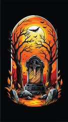 illustration of a gravestone decorated with a cross in orange shades