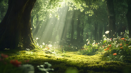 Obraz premium meditation forest, bio-feedback trees, moss floor, filtered sunlight