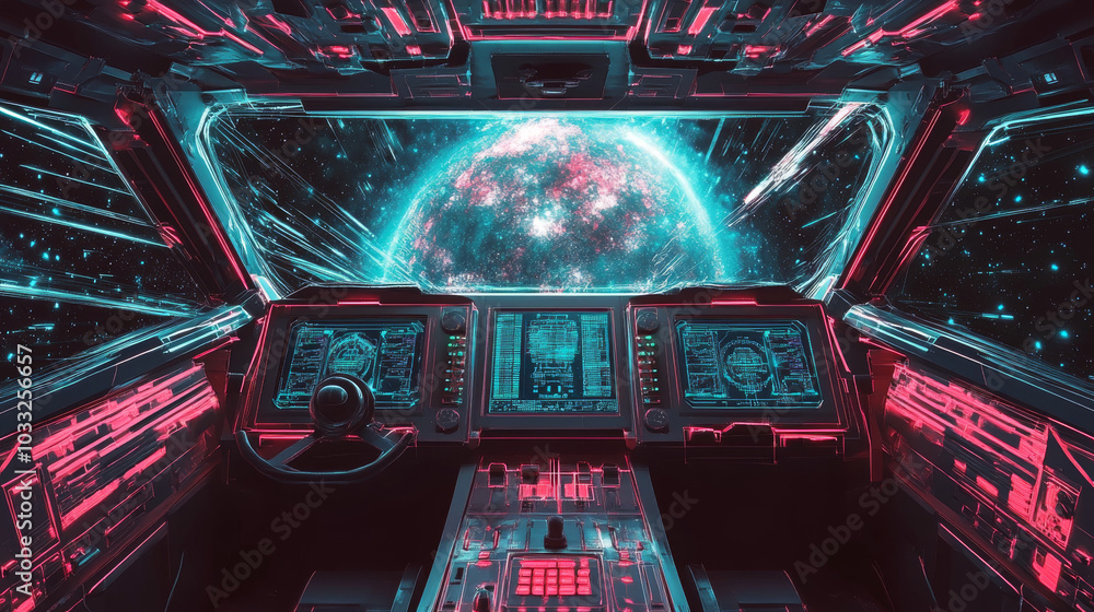 Poster the spaceship's screen shows a view of the galaxy, with buttons and controls for navigation.low poly