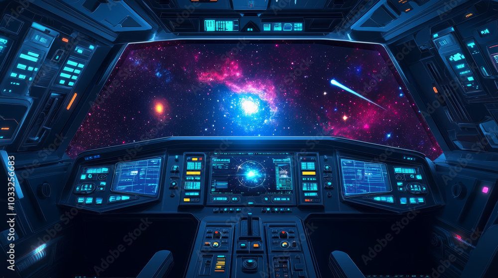 Poster the spaceship's screen shows a view of the galaxy, with buttons and controls for navigation.low poly