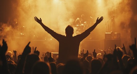 Unity in Celebration: A Man Lifting His Arms at a Live Event, Feeling the Energy
